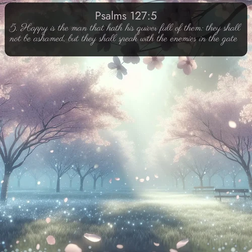 citation biblique : 5. Happy is the man that hath his quiver full of them: they shall not be ashamed, but they shall speak with the enemies in the gate.
 sur fond image nature