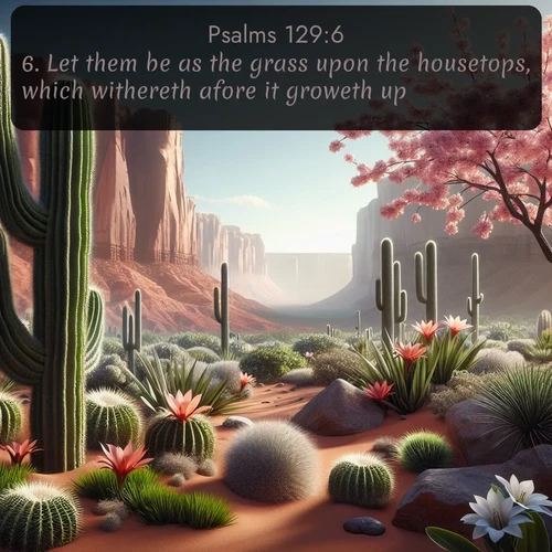 KJV Psalms  ; image nature: image with the bible verse :Let them be as the grass upon the housetops, which withereth afore it groweth up: ; Discover Bible verse images capturing the warmth of summer, with beach landscapes, sunlit fields, and clear skies. These bright scenes reflect divine joy. Share verses like KJV Psalms 129:6. Current verse is overlayed with the thematic nature scene : Desert cacti burst with spring blooms against red sandstone formations. ; 129:6