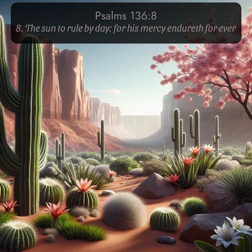 citation biblique : 8. The sun to rule by day: for his mercy endureth for ever:
 sur fond image nature