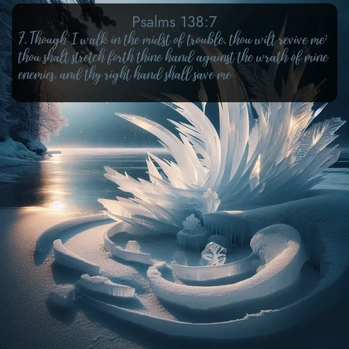 citation biblique : 7. Though I walk in the midst of trouble, thou wilt revive me: thou shalt stretch forth thine hand against the wrath of mine enemies, and thy right hand shall save me.
 sur fond image nature
