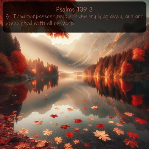 KJV Psalms  ; image nature: image with the bible verse :Thou compassest my path and my lying down, and art acquainted with all my ways. ; Admire our gallery of Bible verse images paired with serene nature photography, featuring starlit skies, golden sands, and blooming wildflowers. Download and share verses like KJV Psalms 139:3. Current verse is overlayed with the thematic nature scene : Autumn leaves scatter across mirror-like mountain lakes. ; 139:3