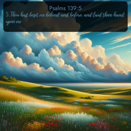 citation biblique : 5. Thou hast beset me behind and before, and laid thine hand upon me.
 sur fond image nature