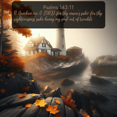 KJV Psalms  ; image nature: image with the bible verse :Quicken me, O LORD, for thy name&#039;s sake: for thy righteousness&#039; sake bring my soul out of trouble. ; Download Bible verse images featuring vibrant photos of nature, from snowy landscapes to golden deserts. These free images are perfect for phone wallpapers, desktop backgrounds, or sharing. Verses include KJV Psalms 143:11. Current verse is overlayed with the thematic nature scene : Autumn fog shrouds a lighthouse on rocky shores. ; 143:11