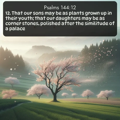 KJV Psalms 144:12 overlaying nature image scene: Spring winds scatter cherry blossoms like snow.;12. That our sons may be as plants grown up in their youth; that our daughters may be as corner stones, polished after the similitude of a palace: