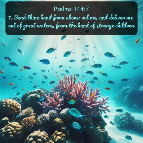 citation biblique : 7. Send thine hand from above; rid me, and deliver me out of great waters, from the hand of strange children;
 sur fond image nature
