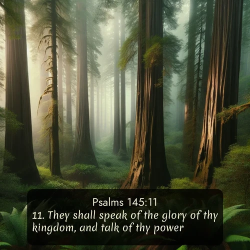 KJV Psalms  ; image nature: image with the bible verse :They shall speak of the glory of thy kingdom, and talk of thy power; ; Discover Bible images adorned with spring landscapes, like tulip fields, cherry blossoms, and green hills. These bright scenes symbolize God&#039;s renewal and grace. Download verses like KJV Psalms 145:11. Current verse is overlayed with the thematic nature scene : Coastal redwoods disappear into the fog high above a fern grove. ; 145:11