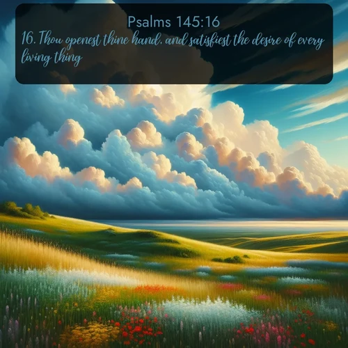 KJV Psalms  ; image nature: image with the bible verse :Thou openest thine hand, and satisfiest the desire of every living thing. ; Dive into a gallery of Bible verses illustrated by tropical beach scenes, featuring sparkling waves, seashells, and radiant sunrises. These images evoke divine peace and joy. Download and share inspiring verses like KJV Psalms 145:16. Current verse is overlayed with the thematic nature scene : Summer thunderheads build over grasslands dotted with wildflowers. ; 145:16