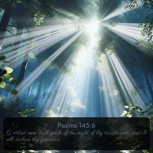 citation biblique : 6. And men shall speak of the might of thy terrible acts: and I will declare thy greatness.
 sur fond image nature