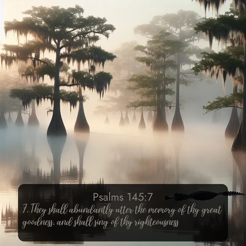 citation biblique : 7. They shall abundantly utter the memory of thy great goodness, and shall sing of thy righteousness.
 sur fond image nature