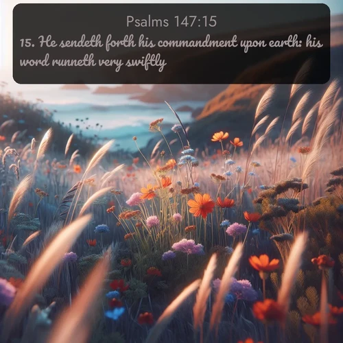 KJV Psalms  ; image nature: image with the bible verse :He sendeth forth his commandment upon earth: his word runneth very swiftly. ; Discover our curated gallery of Bible verse images with breathtaking scenery, from tranquil deserts to lush green pastures. Perfect for phone wallpapers or sharing online. Download verses like KJV Psalms 147:15. Current verse is overlayed with the thematic nature scene : Summer wildflowers wave in the breeze on coastal bluffs. ; 147:15