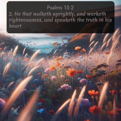 KJV Psalms  ; image nature: image with the bible verse :He that walketh uprightly, and worketh righteousness, and speaketh the truth in his heart. ; Explore serene Bible verse images adorned with photos of divine creation—tranquil beaches, snowy mountains, and starry skies. Each image is free to download and share. Verses include KJV Psalms 15:2. Current verse is overlayed with the thematic nature scene : Summer wildflowers wave in the breeze on coastal bluffs. ; 15:2