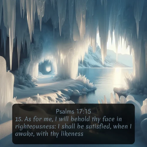 KJV Psalms 17:15 overlaying nature image scene: Winter ice forms crystal caves along lake cliffs.;15. As for me, I will behold thy face in righteousness: I shall be satisfied, when I awake, with thy likeness.