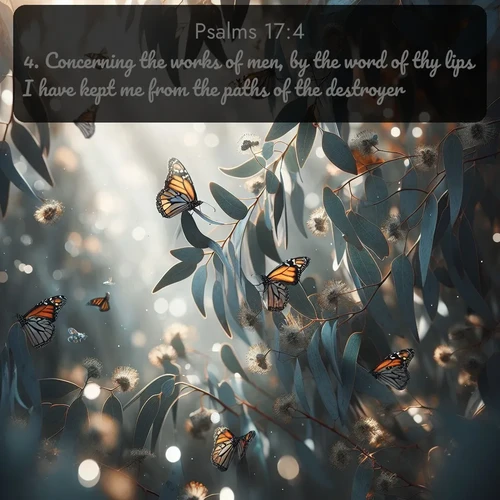citation biblique : 4. Concerning the works of men, by the word of thy lips I have kept me from the paths of the destroyer.
 sur fond image nature
