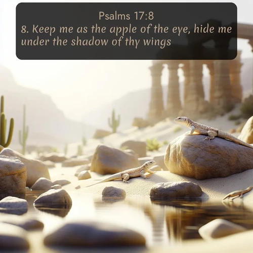 KJV Psalms 17:8 overlaying nature image scene: Desert lizards bask on sun-warmed rocks near ancient ruins.;8. Keep me as the apple of the eye, hide me under the shadow of thy wings,