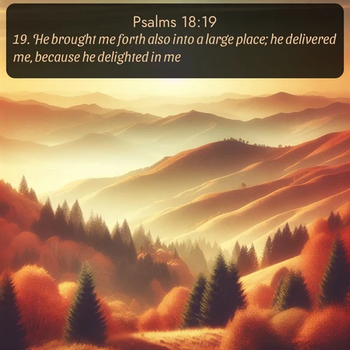KJV Psalms  ; image nature: image with the bible verse :He brought me forth also into a large place; he delivered me, because he delighted in me. ; Explore a spring collection of Bible images, with landscapes of green hills, wildflowers, and crystal-clear streams. These images symbolize the blossoming of God&#039;s creation. Download verses like KJV Psalms 18:19. Current verse is overlayed with the thematic nature scene : Autumn colors paint hillsides in warm earth tones. ; 18:19
