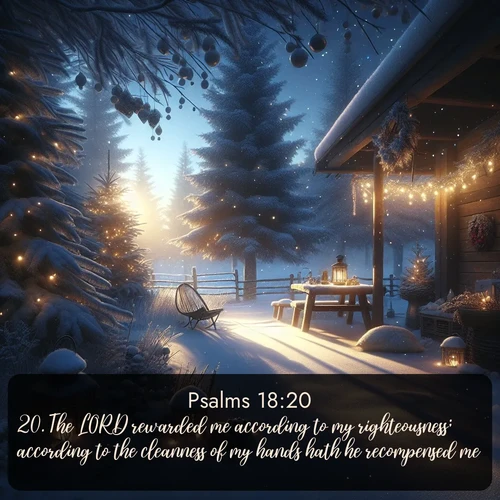 KJV Psalms  ; image nature: image with the bible verse :The LORD rewarded me according to my righteousness; according to the cleanness of my hands hath he recompensed me. ; Browse an inspiring gallery of Bible verse images with nature photos, such as blooming gardens, golden deserts, and shaded forests. The chosen images capture the peaceful and joyful essence of God&#039;s creation, with vibrant colors and harmonious fonts. Share verses like KJV Psalms 18:20. Current verse is overlayed with the thematic nature scene : Winter silence falls with evening snow. ; 18:20