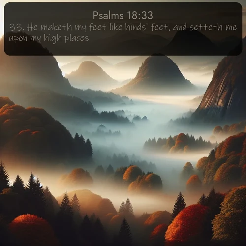 KJV Psalms  ; image nature: image with the bible verse :He maketh my feet like hinds&#039; feet, and setteth me upon my high places. ; Explore free Bible verse images with stunning nature themes, including sunlit paths, forest clearings, and endless horizons. Perfect for desktop backgrounds or phone wallpapers. Verses include KJV Psalms 18:33. Current verse is overlayed with the thematic nature scene : Autumn fog rolls through valleys between ancient rounded mountains. ; 18:33