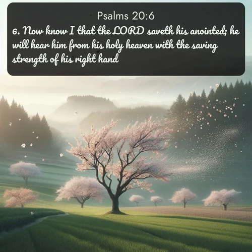 citation biblique : 6. Now know I that the LORD saveth his anointed; he will hear him from his holy heaven with the saving strength of his right hand.
 sur fond image nature
