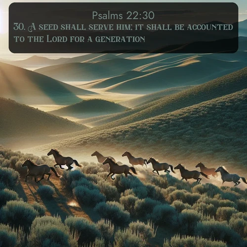 KJV Psalms 22:30 overlaying nature image scene: Wild mustangs gallop across sage-covered hills in the morning light.;30. A seed shall serve him; it shall be accounted to the Lord for a generation.