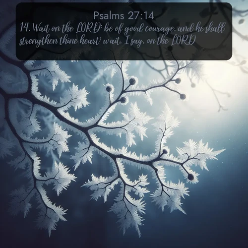 citation biblique : 14. Wait on the LORD: be of good courage, and he shall strengthen thine heart: wait, I say, on the LORD.
 sur fond image nature