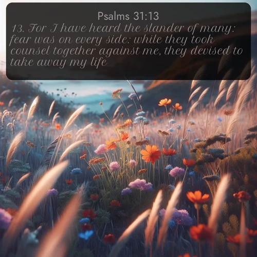 citation biblique : 13. For I have heard the slander of many: fear was on every side: while they took counsel together against me, they devised to take away my life.
 sur fond image nature