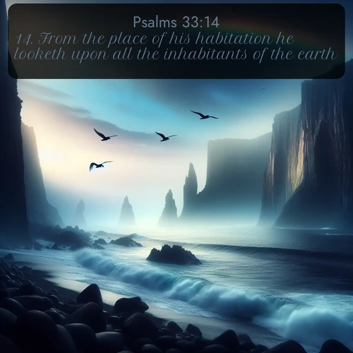 citation biblique : 14. From the place of his habitation he looketh upon all the inhabitants of the earth.
 sur fond image nature