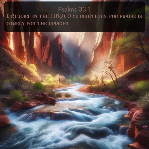 citation biblique : 1. Rejoice in the LORD, O ye righteous: for praise is comely for the upright.
 sur fond image nature