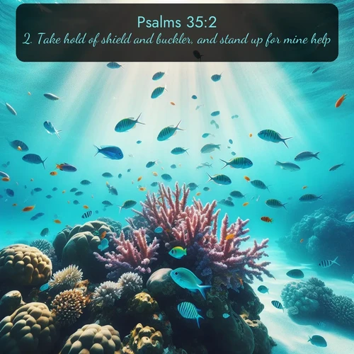 KJV Psalms  ; image nature: image with the bible verse :Take hold of shield and buckler, and stand up for mine help. ; Browse a gallery of Bible verses paired with summer scenes, such as golden wheat fields, bright skies, and sunny beaches. These images convey the joy and warmth of God&#039;s creation. Download and share verses like KJV Psalms 35:2. Current verse is overlayed with the thematic nature scene : Tropical fish dart through coral reefs in crystal-clear waters. ; 35:2