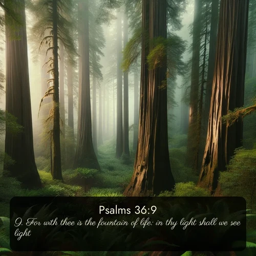 KJV Psalms  ; image nature: image with the bible verse :For with thee is the fountain of life: in thy light shall we see light. ; Explore a gallery of beautiful Bible verse images with tranquil natural settings—perfect for phone backgrounds or inspirational posts. Download your favorite verses like KJV Psalms 36:9 today. Current verse is overlayed with the thematic nature scene : Coastal redwoods disappear into the fog high above a fern grove. ; 36:9