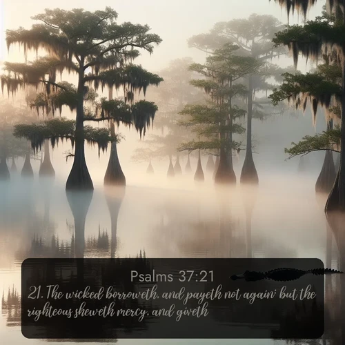 citation biblique : 21. The wicked borroweth, and payeth not again: but the righteous sheweth mercy, and giveth.
 sur fond image nature