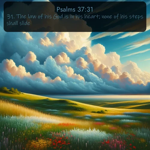 citation biblique : 31. The law of his God is in his heart; none of his steps shall slide.
 sur fond image nature