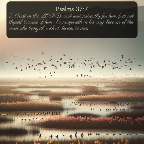 citation biblique : 7. Rest in the LORD, and wait patiently for him: fret not thyself because of him who prospereth in his way, because of the man who bringeth wicked devices to pass.
 sur fond image nature