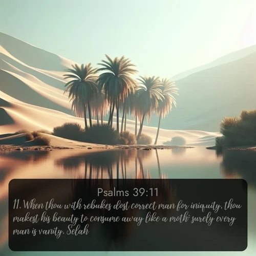 KJV Psalms 39:11 overlaying nature image scene: A desert oasis shimmers in the midday heat, palm fronds rustling above still waters.;11. When thou with rebukes dost correct man for iniquity, thou makest his beauty to consume away like a moth: surely every man is vanity. Selah.