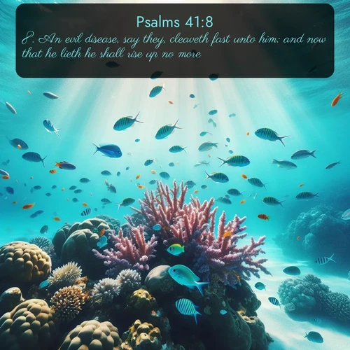 citation biblique : 8. An evil disease, say they, cleaveth fast unto him: and now that he lieth he shall rise up no more.
 sur fond image nature