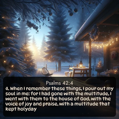 citation biblique : 4. When I remember these things, I pour out my soul in me: for I had gone with the multitude, I went with them to the house of God, with the voice of joy and praise, with a multitude that kept holyday.
 sur fond image nature