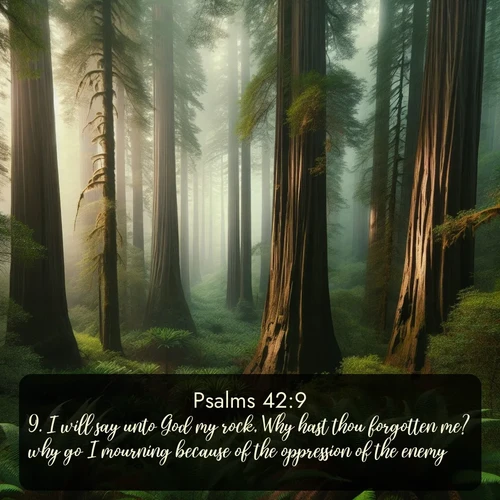 KJV Psalms  ; image nature: image with the bible verse :I will say unto God my rock, Why hast thou forgotten me? why go I mourning because of the oppression of the enemy? ; Download Bible verse images paired with breathtaking nature photos like golden deserts, shimmering seas, and blossoming orchards. These high-quality, free images are perfect for wallpapers or sharing. Verses include KJV Psalms 42:9. Current verse is overlayed with the thematic nature scene : Coastal redwoods disappear into the fog high above a fern grove. ; 42:9