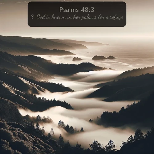 KJV Psalms  ; image nature: image with the bible verse :God is known in her palaces for a refuge. ; Discover Bible verse images capturing the warmth of summer, with beach landscapes, sunlit fields, and clear skies. These bright scenes reflect divine joy. Share verses like KJV Psalms 48:3. Current verse is overlayed with the thematic nature scene : Coastal fog rolls inland through gaps in seaside hills. ; 48:3