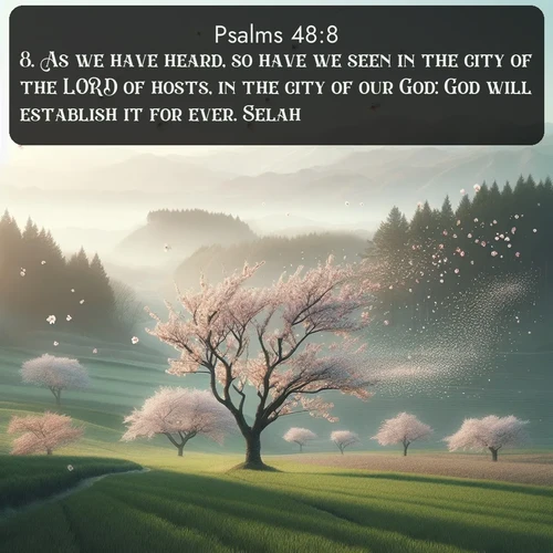 citation biblique : 8. As we have heard, so have we seen in the city of the LORD of hosts, in the city of our God: God will establish it for ever. Selah.
 sur fond image nature
