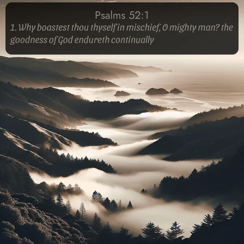citation biblique : 1. Why boastest thou thyself in mischief, O mighty man? the goodness of God endureth continually.
 sur fond image nature