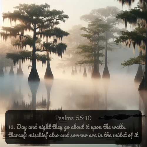 citation biblique : 10. Day and night they go about it upon the walls thereof: mischief also and sorrow are in the midst of it.
 sur fond image nature