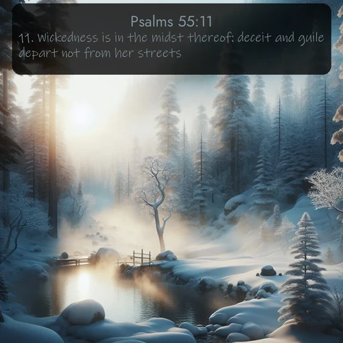 citation biblique : 11. Wickedness is in the midst thereof: deceit and guile depart not from her streets.
 sur fond image nature
