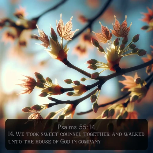 citation biblique : 14. We took sweet counsel together, and walked unto the house of God in company.
 sur fond image nature