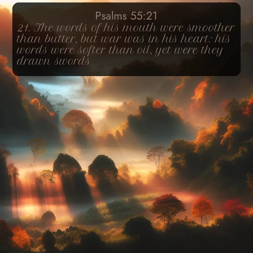 citation biblique : 21. The words of his mouth were smoother than butter, but war was in his heart: his words were softer than oil, yet were they drawn swords.
 sur fond image nature