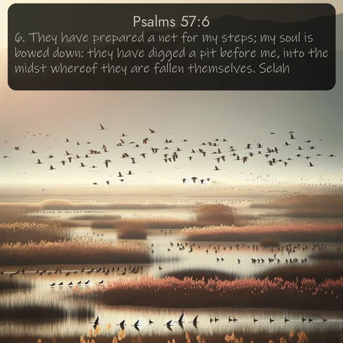 citation biblique : 6. They have prepared a net for my steps; my soul is bowed down: they have digged a pit before me, into the midst whereof they are fallen themselves. Selah.
 sur fond image nature
