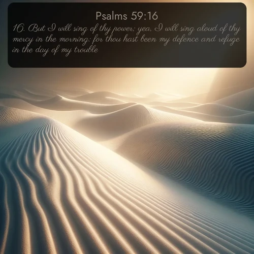 citation biblique : 16. But I will sing of thy power; yea, I will sing aloud of thy mercy in the morning: for thou hast been my defence and refuge in the day of my trouble.
 sur fond image nature