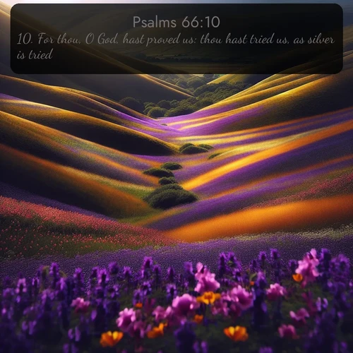 KJV Psalms  ; image nature: image with the bible verse :For thou, O God, hast proved us: thou hast tried us, as silver is tried. ; Discover Bible verse images capturing the warmth of summer, with beach landscapes, sunlit fields, and clear skies. These bright scenes reflect divine joy. Share verses like KJV Psalms 66:10. Current verse is overlayed with the thematic nature scene : Spring wildflowers carpet rolling hills in purple and gold. ; 66:10