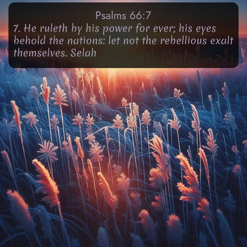 citation biblique : 7. He ruleth by his power for ever; his eyes behold the nations: let not the rebellious exalt themselves. Selah.
 sur fond image nature