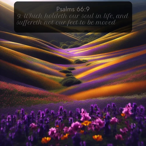 citation biblique : 9. Which holdeth our soul in life, and suffereth not our feet to be moved.
 sur fond image nature