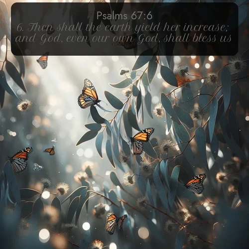citation biblique : 6. Then shall the earth yield her increase; and God, even our own God, shall bless us.
 sur fond image nature