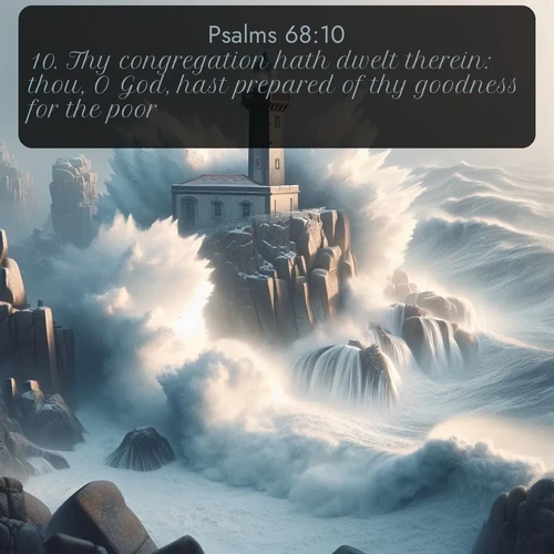 citation biblique : 10. Thy congregation hath dwelt therein: thou, O God, hast prepared of thy goodness for the poor.
 sur fond image nature
